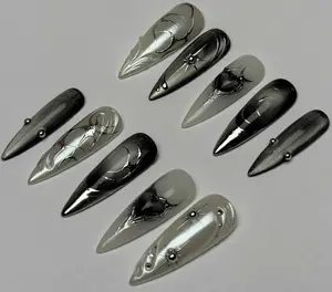 Y2K Chrome Press On Nails Black White & Silver 3D Nail Set Glossy Finish Retro Style Easy Application 10 Nails 20 Tabs 1 Glue Bottle