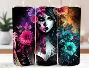 20 oz Day of the Dead Tattoo Stainless Steel Tumbler with Straw for Easy Sipping - Bottle, Drinkware