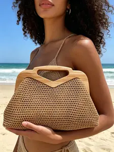 2026 Vintage Lattice Straw Handbag, Wooden Handle with Metal Chain, Half Straw Half Leather, Large Capacity, Summer Beach Bag