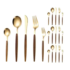 10pcs Stainless Steel Cutlery Set with Faux Wood Handles - Knives, Forks, Spoons for 2People - Household & Restaurant Kitchen Utensils