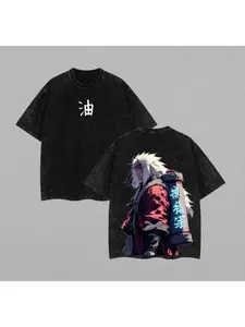 Jiraiya Sannin Oversized Tee | Naruto Anime Double Printed Washed Shirt | Heavyweight  | Viral Sad Ninja Aesthetic | Sage Mode Streetwear Top | Otaku Street Style Gift for Him，Gifts for Anime Fans, Naruto Anime Merchandise Men's T-shirt