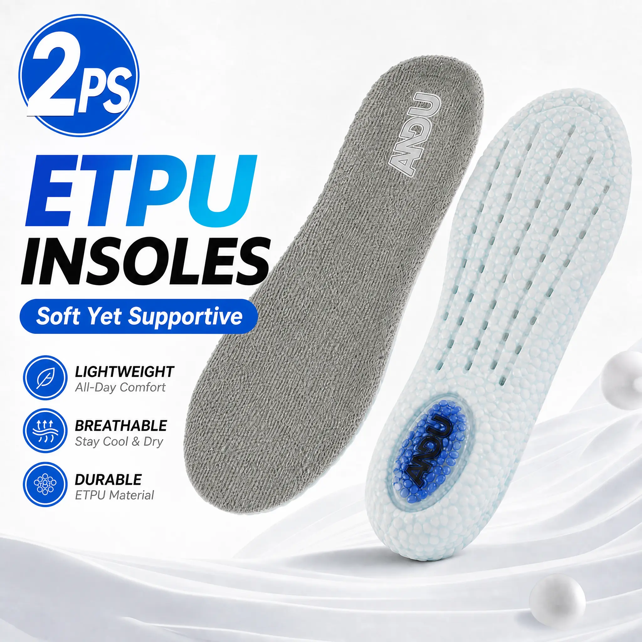 [2-Pack] ANDU Unisex Shock Absorbing Insoles - TPU PU Heel Cushions, High Rebound Supportive Inserts, All Season Shock Absorbers for Standing All Day & Work Boots