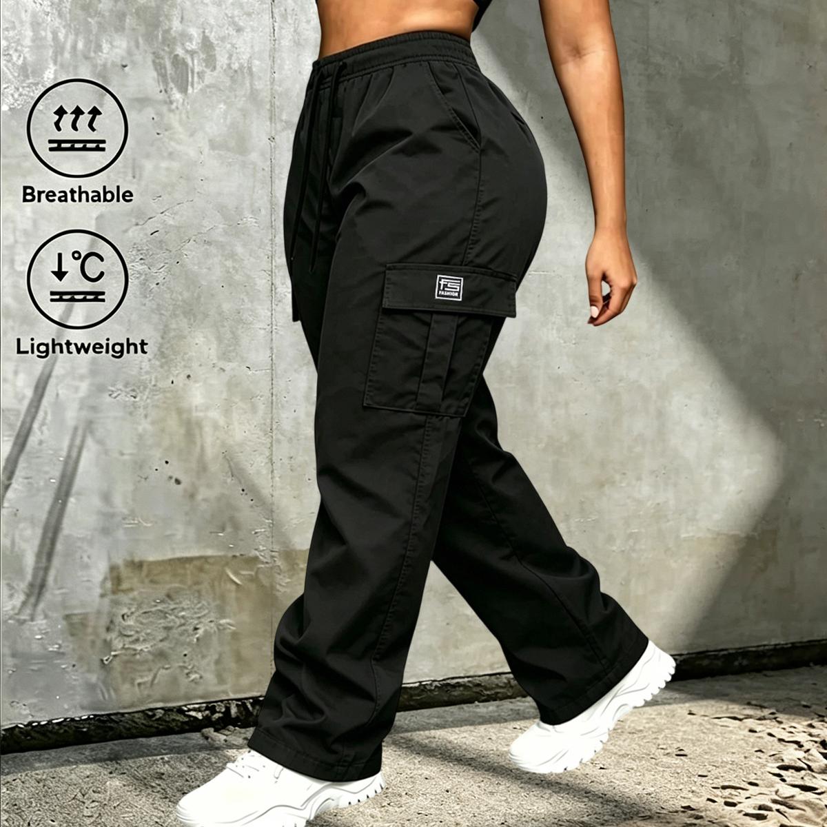 Women’s collegiate-style athletic cargo pants 5-piece set — minimalist basic mid-rise loose wide-leg cargo pants with large flap pockets, suitable for casual outings, year-round wear, and back-to-school shopping.
