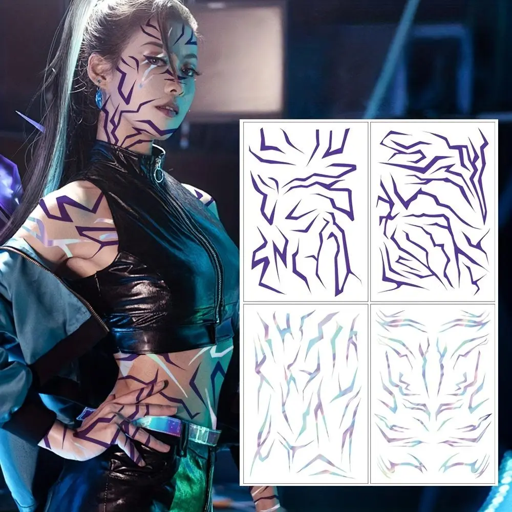 4pcs Large Demon Lightning Temporary Tattoos - Purple & Laser Holographic Face/Body Stickers, Waterproof Durable Body Art for Halloween, Cosplay, Music Festivals, Raves & Party Makeup, Perfect for Festival Goers
