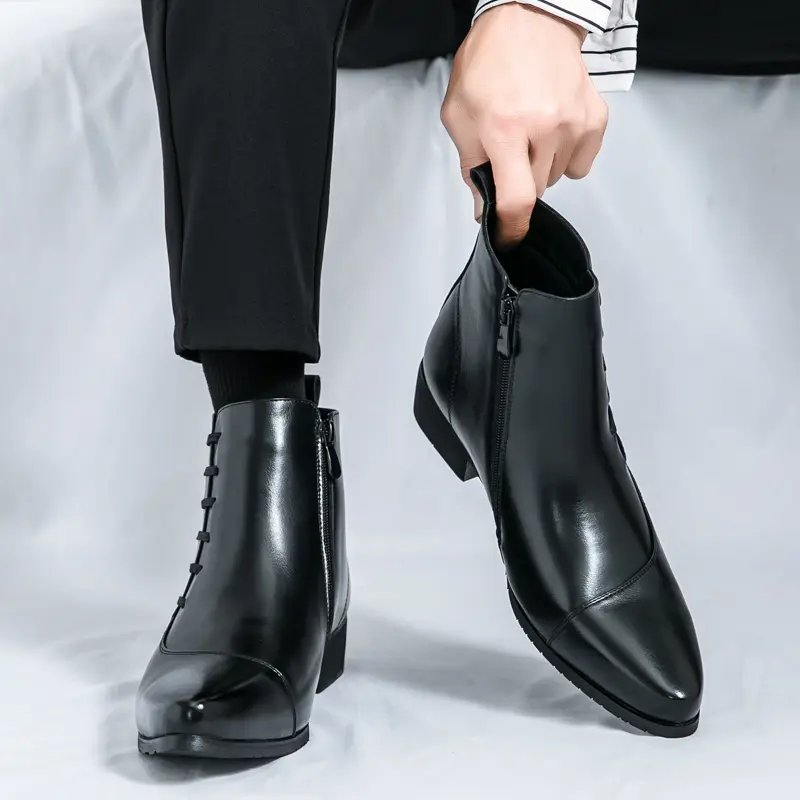 Men's Ankle Boots Pointed Toe Dress Boots Casual Leather Chelsea Style Boots with Side Zipper Low Heel Slip On Business Formal Shoes for Men Classic Minimalist Footwear for Office Work Wedding Party Date Night and Everyday Wear