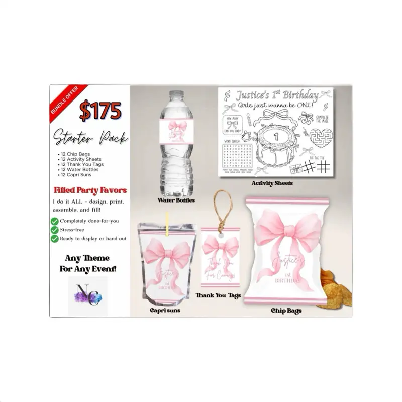 Custom Party Package - Starter Pack with Activity Sheets, Chip Bags, Water Bottles, Capri Suns & Thank You Tags for Any Event Multipack