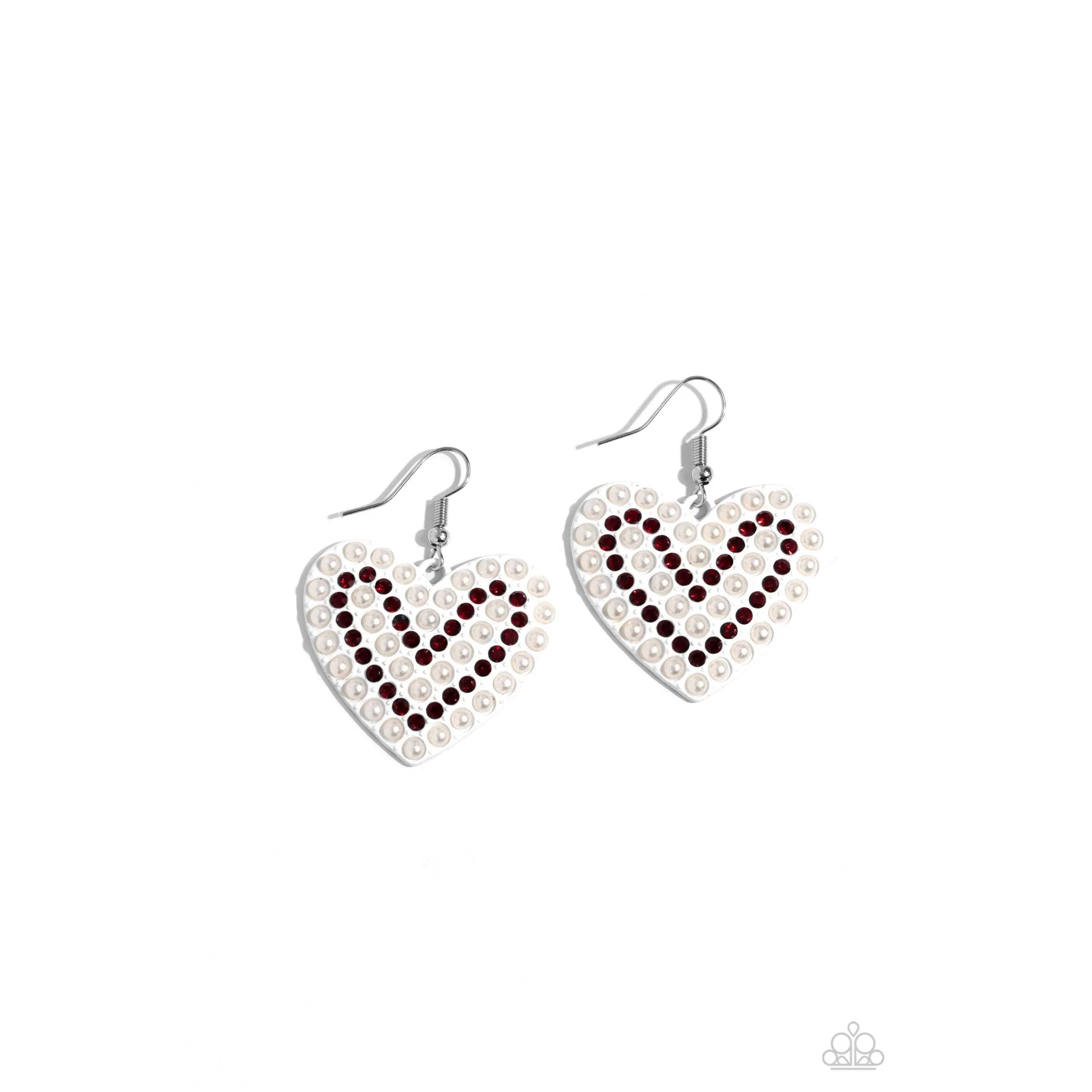 Romantic Reunion - White Pearl Heart Red Rhinestone Earrings - Paparazzi