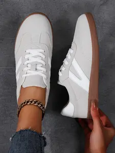 Women's Casual Lace-Up Training Shoes, Gym Workout Sneakers, Breathable Non-Slip Sporty Style, Comfortable PU Leather Athletic Gym Sneakers for All Seasons