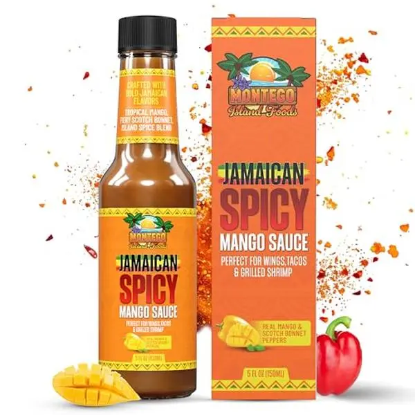 Montego Island Foods Jamaican Spicy Mango Sauce – Real Mango, Fiery Scotch Bonnet Peppers, Zesty Lime Juice & Juicy Golden Raisins – Sweet, Tangy & Bold Caribbean Heat – Handcrafted, All-Natural, Vegan, No Preservatives – 5 fl oz Bottle