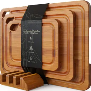 4-Pieces Wood Cutting Board Set Bamboo Chopping Board for Kitchen with Holder Juice Groove Handles Charcuterie Board for Chopping Meat Vegetables Fruits Eco-Friendly Strong Durable