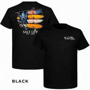 Salt Life Surfboards T-Shirt 2 Sided – American Flag Boards & Skull, Beach Adventure Style, Ideal Gift for Anglers, Hunter,Unisex pure cotton T-shirt, loose fit, unisex short-sleeved casual T-shirt