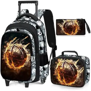 Basketball Rolling Backpack for Boys - 3PCS Boys Rolling Backpack with Lunch Box Set for Kids Children Teens Elementary Middle School,Sport Roller Bookbag with Wheels for Age 6-18