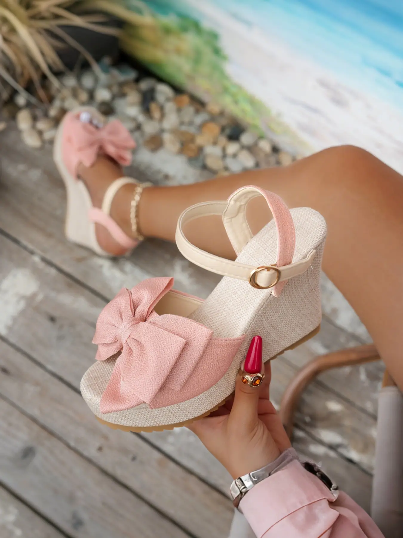 Women's Casual Fashion Stylish Wedge Heeled Sandals, High Heels, Comfortable Design with Bow Decoration, Lightweight and Durable, Perfect for Daily Wear
