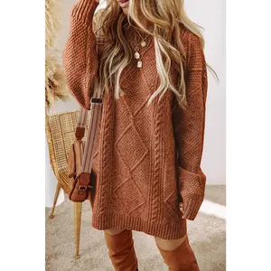 Coffee Cable Knit Drop Shoulder Loose Fit Sweater Dress  - Arrives in 12 to 15 days
