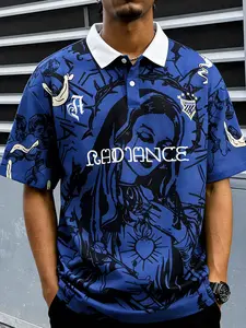 Men's Blue Religious Graphic Polo Shirt, Contrast Collar Short Sleeve Tee For Streetwear