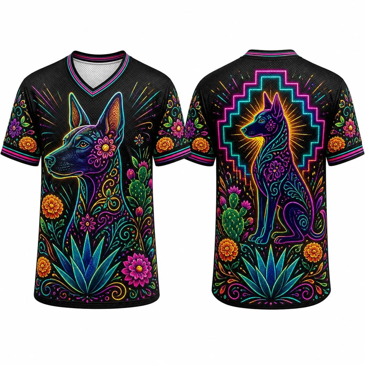 Mexican Independence Day Inspired Xoloitzcuintli Neon Art V Neck Mesh Shirt, All Over Print Short Sleeve Athletic Jersey, Unisex Cultural Streetwear for Men and Women