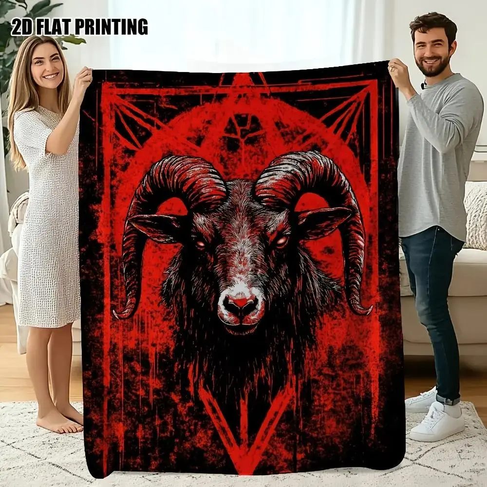 Baphomet Ram Head Red Pentagram Sigil Flannel Throw Blanket Dark Occult Gothic Goat Head Horror Soft Fleece Blanket Goth Room Sofa Decor Gift