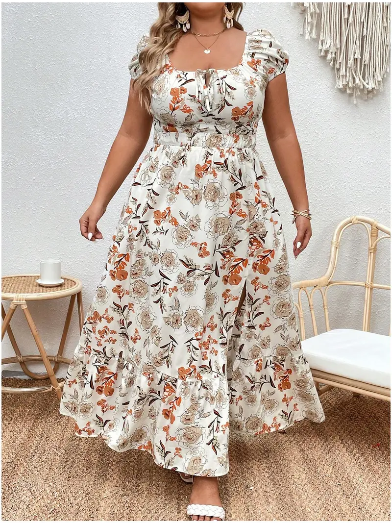 【Plus Size】 Floral Print A Line Dress, Dress in Club, Dresses for Women, Summer Dresses 2025, Boho Cap Sleeve Square Neck Long Dress for Holiday Vacation, Plus Size Women's Clothing, Elegant Plus Size, Plus Size Tummy Flattering Dresses, Casual Wear