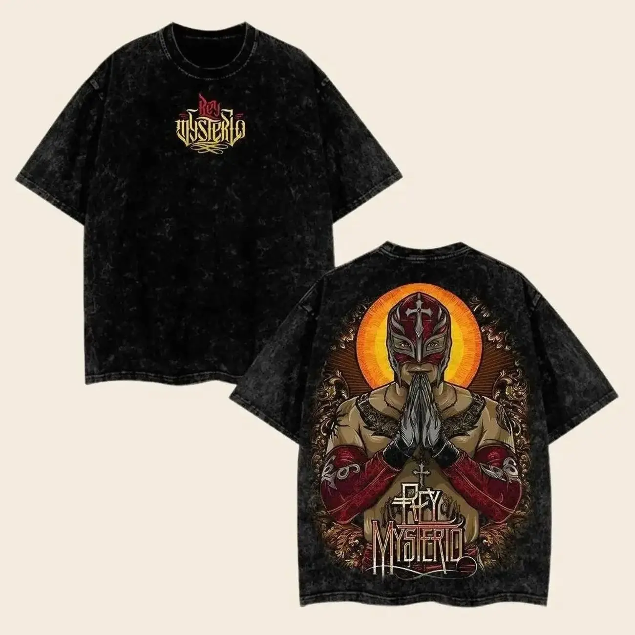 WWE Rey Mysterio Retro Vintage Edition Portrait Wash Tee Premium Cotton Classic Style Menswear Black Tshirt Seamless Crewneck Top Streetwear Outfit Fabric Tropical Gamis GGW