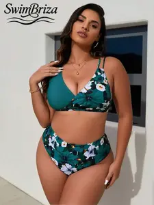 Briza｜Curvy Women's Floral Two Piece Swimsuit - Deep V Neck Push Up Bikini With High Waisted Bottom (Teal Tropical Print)