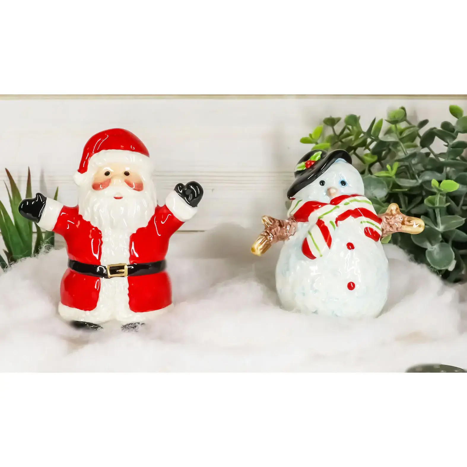 Jolly Seasons Ceramic Christmas Santa Claus & Mr Snowman Salt and Pepper Shakers Set, Kitchen Home Decor Figurine Statue