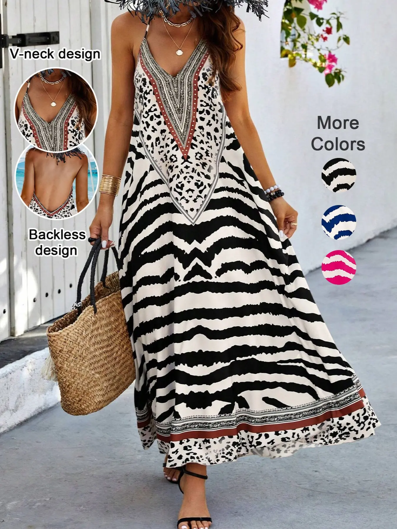 Summer Vacation Geometric Print Backless Halter Neck Beachwear Dress, Loose Long Tie-Back Casual Chic Dress, Perfect for Beach Holiday Pool Party
