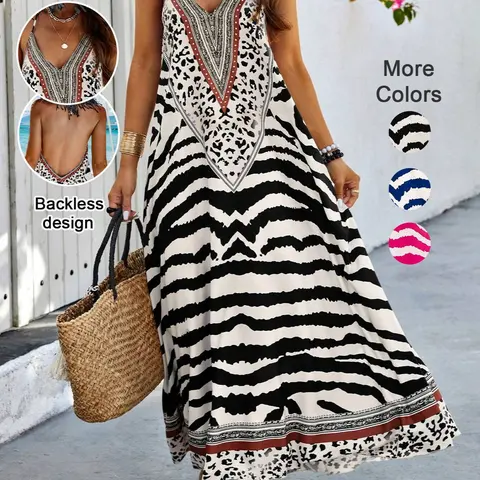 Women's Holiday Geometric Print Backless Halter Dress, Tie Design Loose Long Dress, Perfect for Beach Pool Party, Beach Holiday Dresses