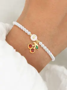 Women's Fashion Cherry Initial Bracelet, Round Initial Design, Artificial Pearl Beads, Casual Style Jewelry for All Seasons