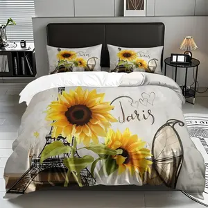 2/3PCS Sunflower,Eiffel Tower Pattern-Themed Luxury Duvet Cover Set(1*Duvet Cover+1/2*Pillowcase,No Filling)Skin-Friendly Soft Digital Printed Bedding Set,Perfect Christmas,New Year,Holiday Gifts For Family,!Suitable For All Year Round!Machine Washable