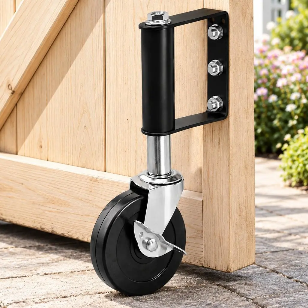 Fix Sagging Gates, 4-Inch Heavy Duty Gate Support Wheel with Brake, 360° Swivel Spring Loaded Caster for Wooden Fence & Outdoor Gate, 220 lb Capacity