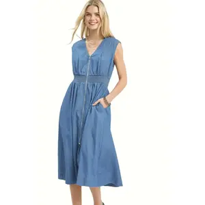Umgee Denim Sleeveless Zip-Front Smocked Waist Midi Dress