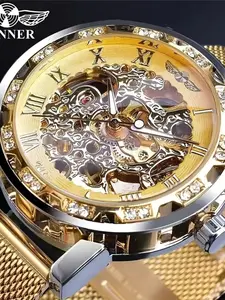 Stylish High End Men's Mechanical Watch with Hollow Design, Trendy Casual Round Dial Analog Wristwatch, Perfect Gift for Him, All Season Wear