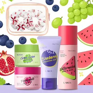 LAIKOU Fruity Hydrating Routine - 6-Piece Facial Set Face Care Kit with Waterproof Clear Pouch, Blueberry Cleanser, Watermelon AHA Toner, Day/Night Creams, Waterproof Clear Bag & Hair Scrunchie - Hydrating & Balancing Routine