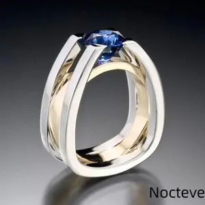 Women’s Two-Tone Simulated Sapphire & Simulated CZ Gold-Tone Base Alloy Ring, Luxe Daily Banquet Dating Jewelry & Noble Elegant Feminine Holiday Gift Wear