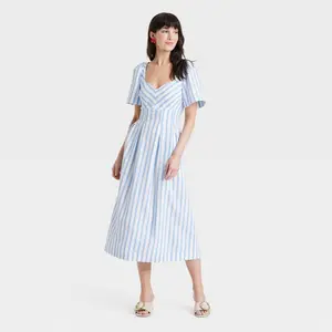 Women's Short Sleeve Midi Dress - A New Day Blue/White Striped 0