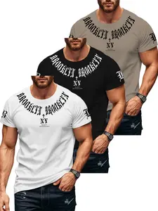 Men's Gothic Letter Print T-Shirt, Casual Half Sleeve Top, Loose-Fitting Long Tee, Brooklyn Theme, 3-Pack, Streetwear Fashion