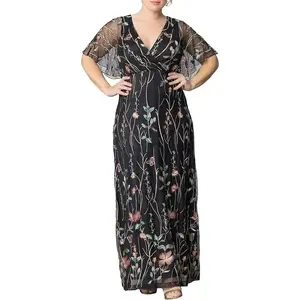 Women's Plus Size Floral Embroidered Elegance Evening Gown | Flattering Long Formal Mesh Dress w/Sleeves