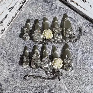 Sunset Grayish Brown White Flowers Cat Eye Luxury Press On Nails