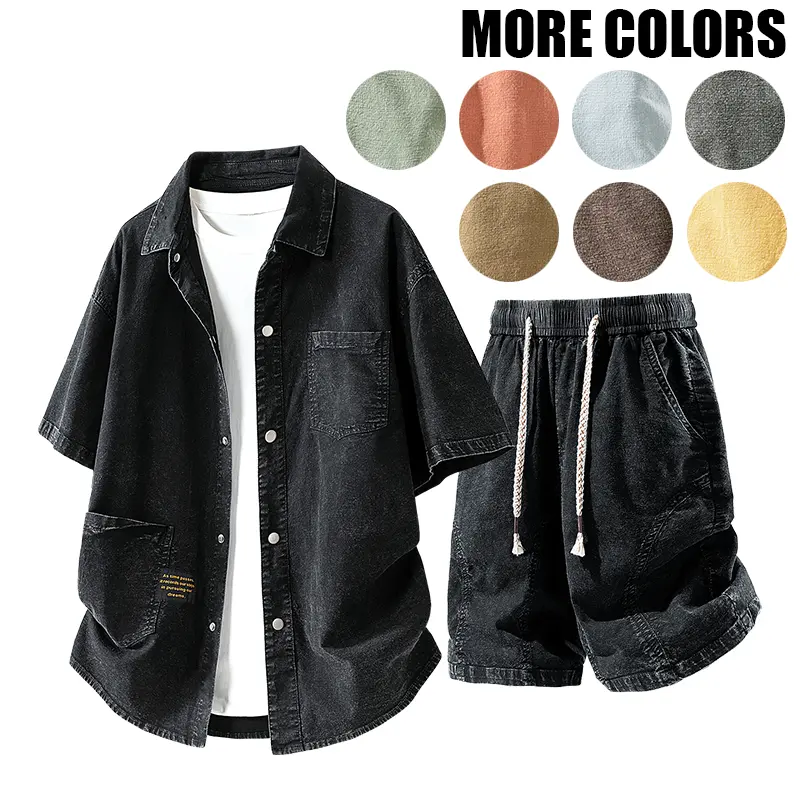 Men’s Retro Washed Summer Casual 2-Piece Athleisure Co-ord Set: Chic Button Shirt, Comfortable Breathable Loose-Fit Straight-Leg Drawstring Knee-Length Pockets Shorts