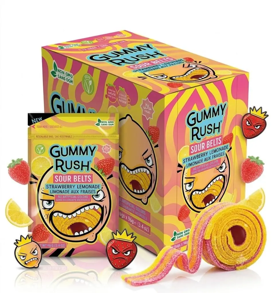INFIN8Gummy Rush Turkish Sour Belts Strawberry Lemonade 3.4oz Peg Bag 12ct