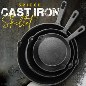 3-Piece Black Cast Iron Skillet Set – Pre-Seasoned Frying Pans (6" , 8" , 10") – Oven, Stove, Grill, Campfire Safe – Easy to UseFFApexActive6ABDarrellBailey1