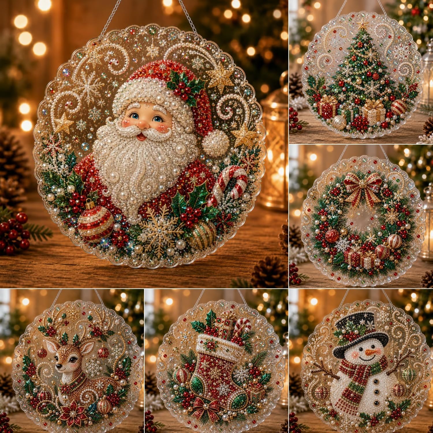 【4 packs】Christmas Pearl Diamond Painting Suncatcher Kit, DIY Craft | Pre-Assembled Metal Chain, Acrylic Round Board with Lace Edge, 3D Mixed-Sized Pearl Beads Craft, Festive Window Wall Decor,Beads DIY Handmade Holiday Hanging Decor,Christmas gifts, birt 【4 packs】Christmas Pearl Diamond Painting Suncatcher Kit, DIY Craft | Pre-Assembled Metal Chain, Acrylic Round Board with Lace Edge, 3D Mixed-Sized Pearl Beads Craft, Festive Window Wall Decor,Beads DIY Handmade Holiday Hanging Decor,Christmas gifts, birt