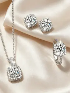 3Pcs Bridal Halo Jewelry Set, CZ Crystal Necklace Earrings Ring Bundle