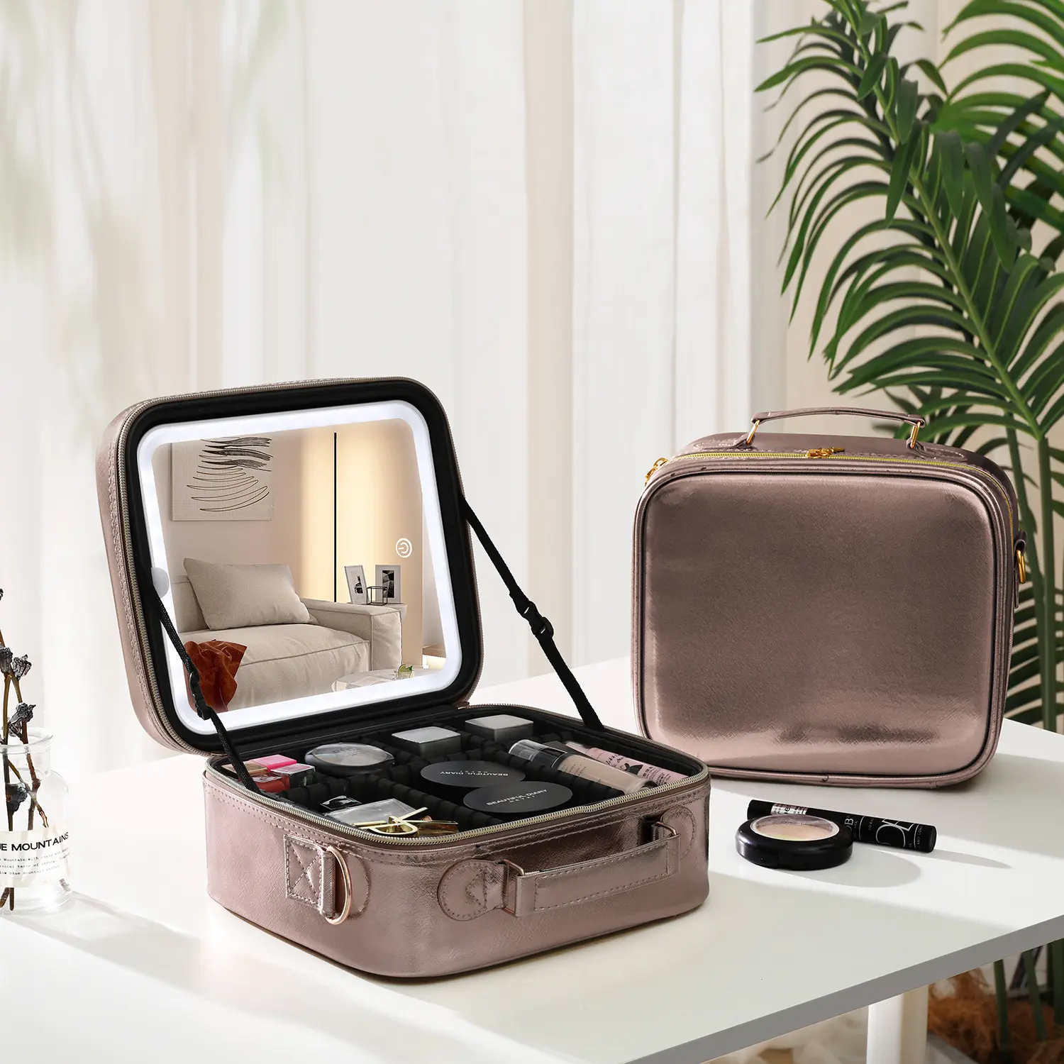 Hard Shell Portable Vanity Case for Women, Fashionable Makeup Organizer with Detachable 3-Color LED Mirror, Adjustable Dividers & Shoulder Strap for International Travel, Wedding, Chic, Makeup Organization