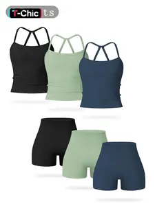 Women's Solid Backless Sports Cami Top & High Waist Shorts Sportswear Set, Casual Comfy Breathable Tummy Control Two-piece for Yoga Gym Workout Running, Ladies Sportswear for All Seasons, Workout Clothes Women, Yoga Outfit Set