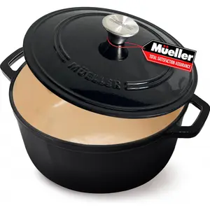 ccMÜELLERHOME 7.5 QT Enamel Cast Iron Dutch Oven, Heavy-Duty, Oven-Safe up to 500 °   F & Across All Cooktops, Casserole Dish and Braiser Pan with Lid and Stainless Knob, Black