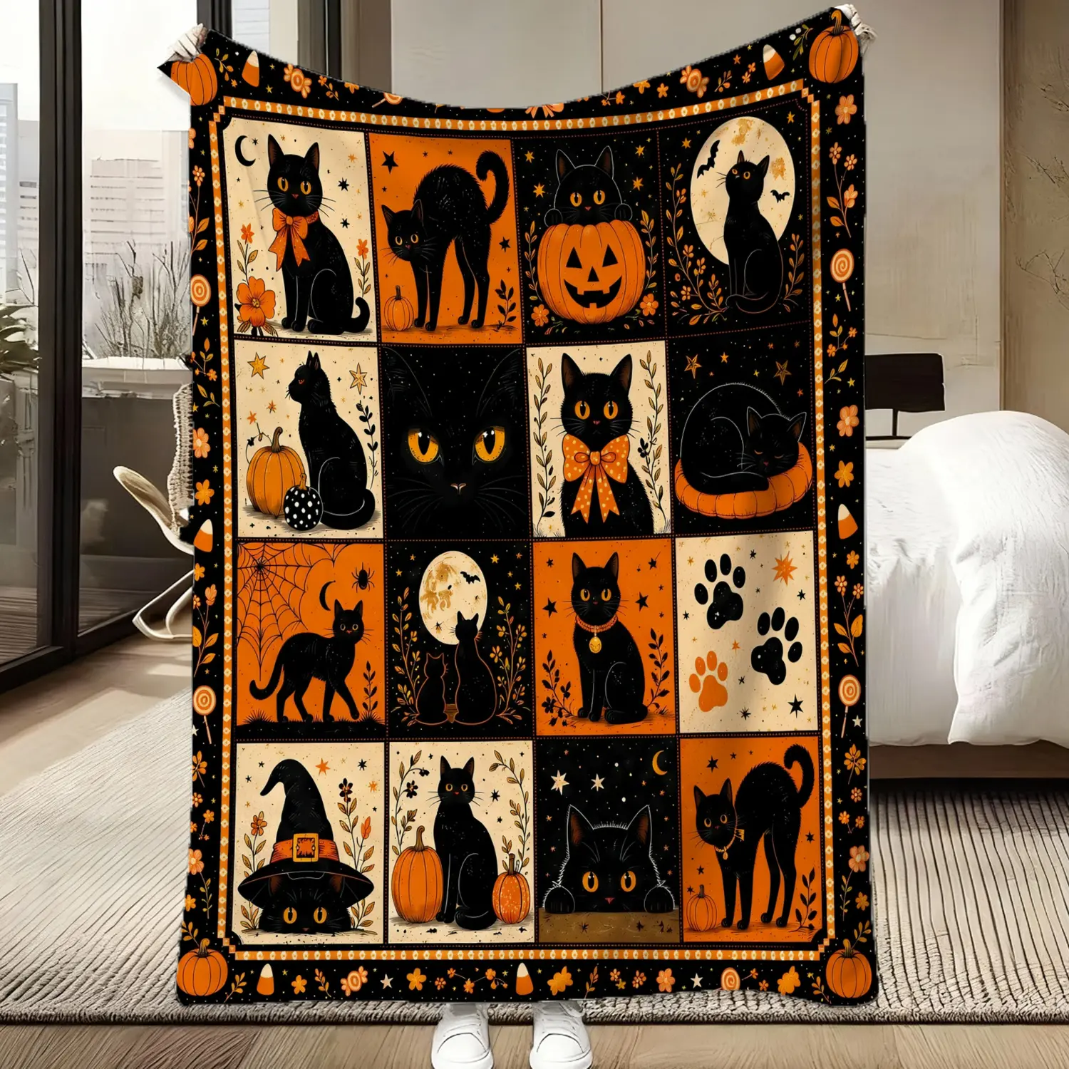 Soft Funny Throw Blanket Halloween Cat Quilt Fleece Blanket Black Cat Pumpkin Throw Spooky Bedding Witchy Autumn Decor Gift 2026 For Kids Friends Family Mom