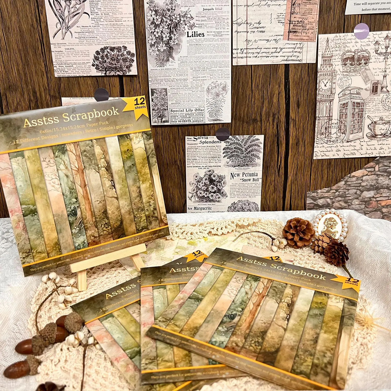 Vintage Forest Background Scrapbooking Paper Pad, 12-sheet Scrapbooking Kit, Collage Art, Greeting Cards, Scrapbook Crafts, Scrapbook Materials, Handmade Crafts