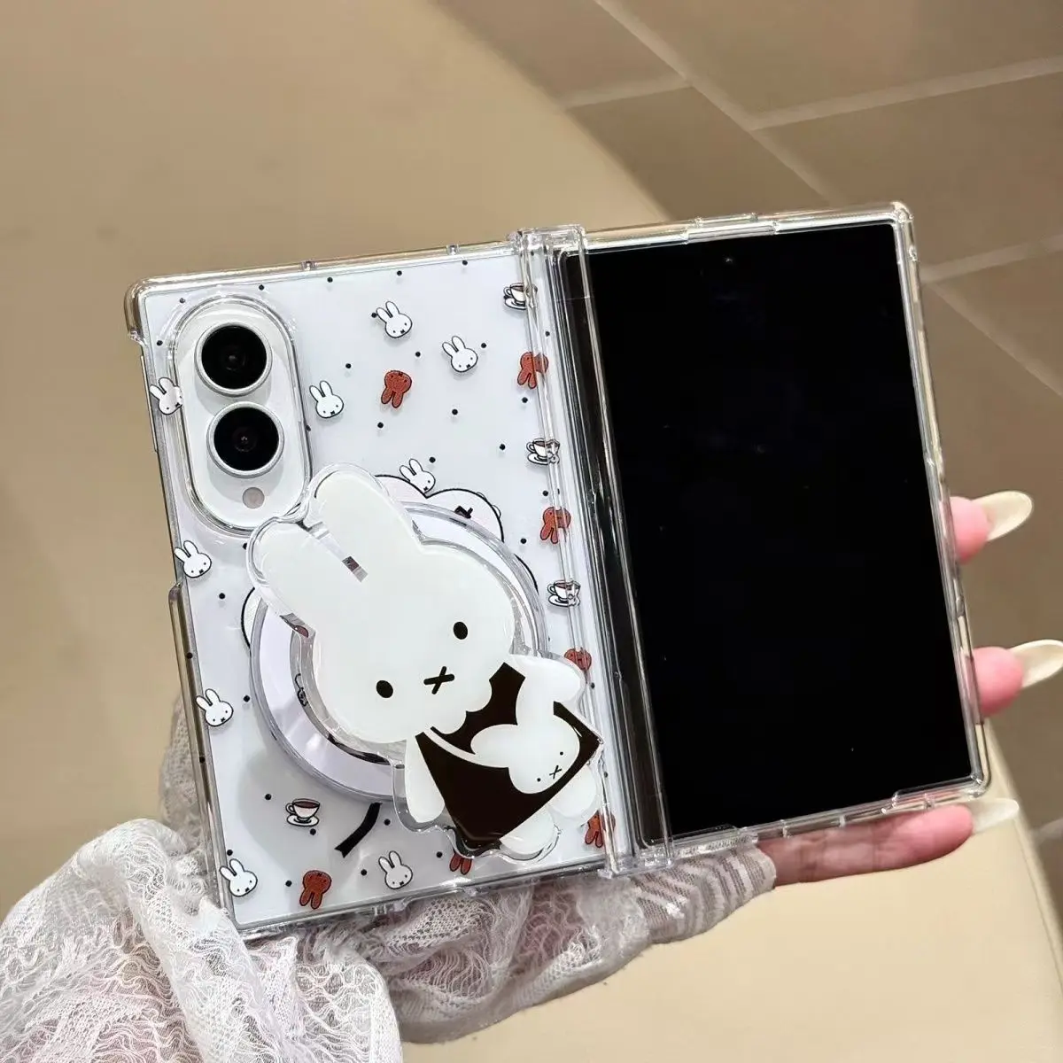 Cartoon Miffy Rabbit Full Coverage Drop-Proof Transparent Magnetic Case for Samsung Galaxy Z Fold 8/Fold 7/Fold 6
