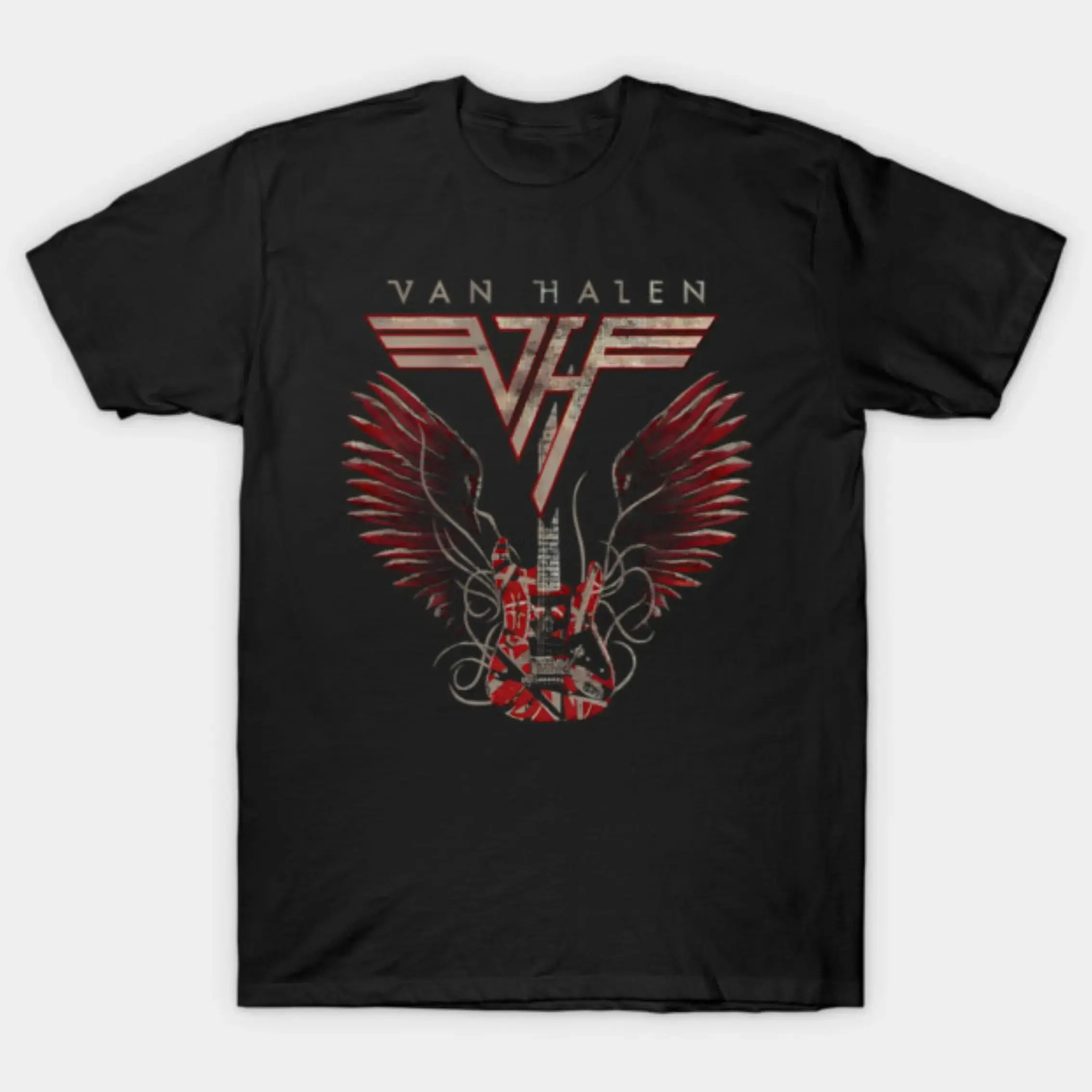Women's Vintage Van Halen Guitar Wings Cotton T-Shirt - Eddie Frankenstrat Rock Band Tops, Shortsleeve, Round Neck, Guitar Embellished, Casual Streetwear, Loose Fit, Full Colors, Full Sizes